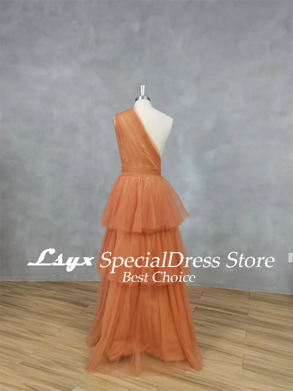 LSYX Tulle A Line One Shoulder Evening Party Dresses For Women Tiered Sleeveless Floor Length Prom Gowns Custom Made