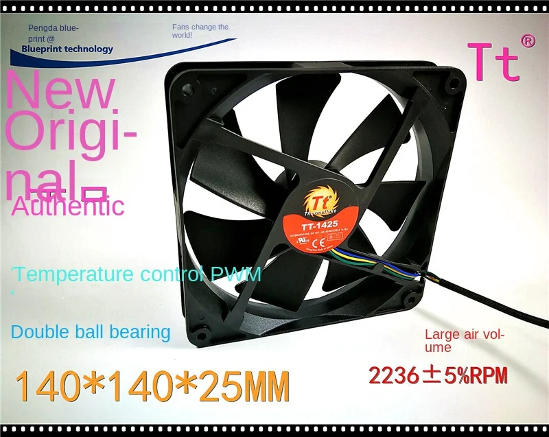 

140*140*25MM New TT 14025 14cm 12V Max Airflow Rate PWM Temperature Control Computer Case Double Ball Bearing Cooling Fan