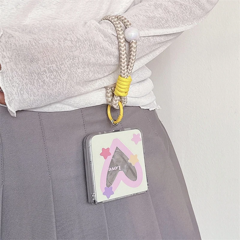 Cute Hollow Mirror Love Heart Phone Case For Samsung Galaxy Z Flip 6 5 4 3 Z Flip5 Flip6 Flip4 5G Cover with Hand Strap Cases