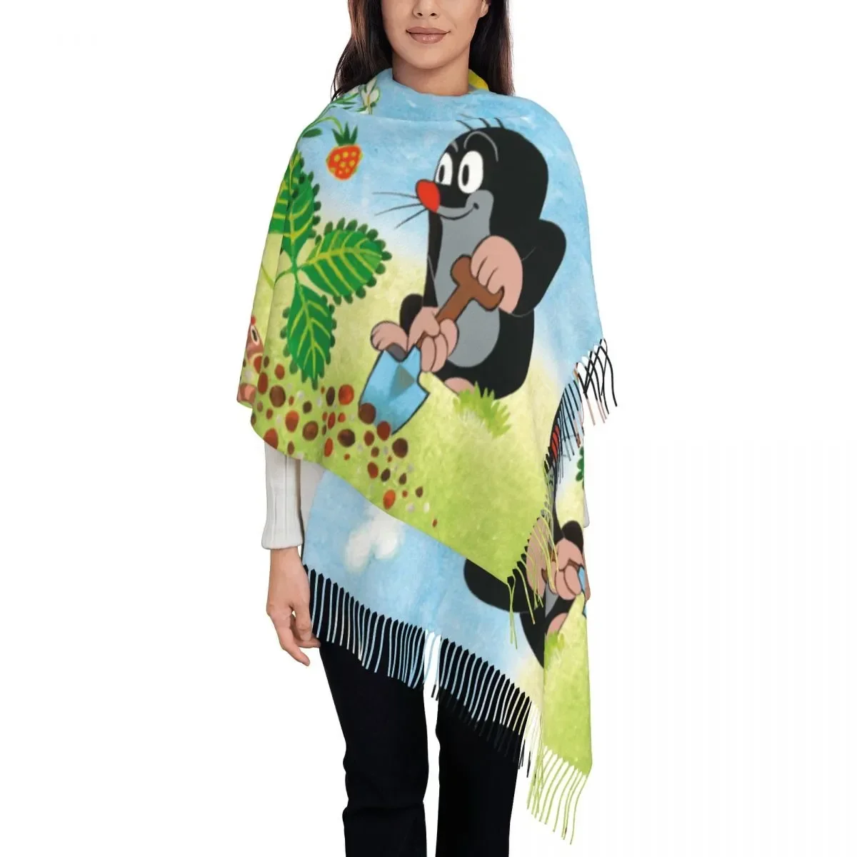 Krtek Little Maulwurf Cartoon Wraps pour femme, grande écharpe de taupe mignonne, foulards de creusement, châle à pampilles, doux et chaud, hiver et automne