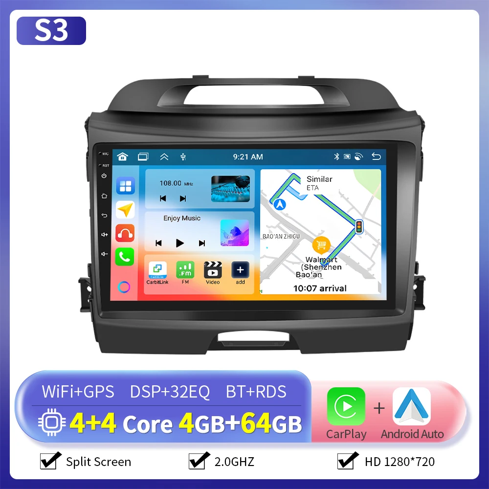 Camecho Draadloze Carplay Android Auto Radio voor Kia Sportage 2010-2016 Auto Multimedia Speler 6 + 128G 4G WIFI RDS Auto GPS Stereo