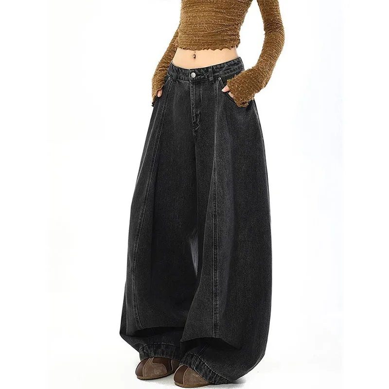 Women Straight Leg Floor Length Jeans Autumn Femme High Waist Casual Denim Pantalons Retro Ladies Loose Wide-leg Cowboy Trousers