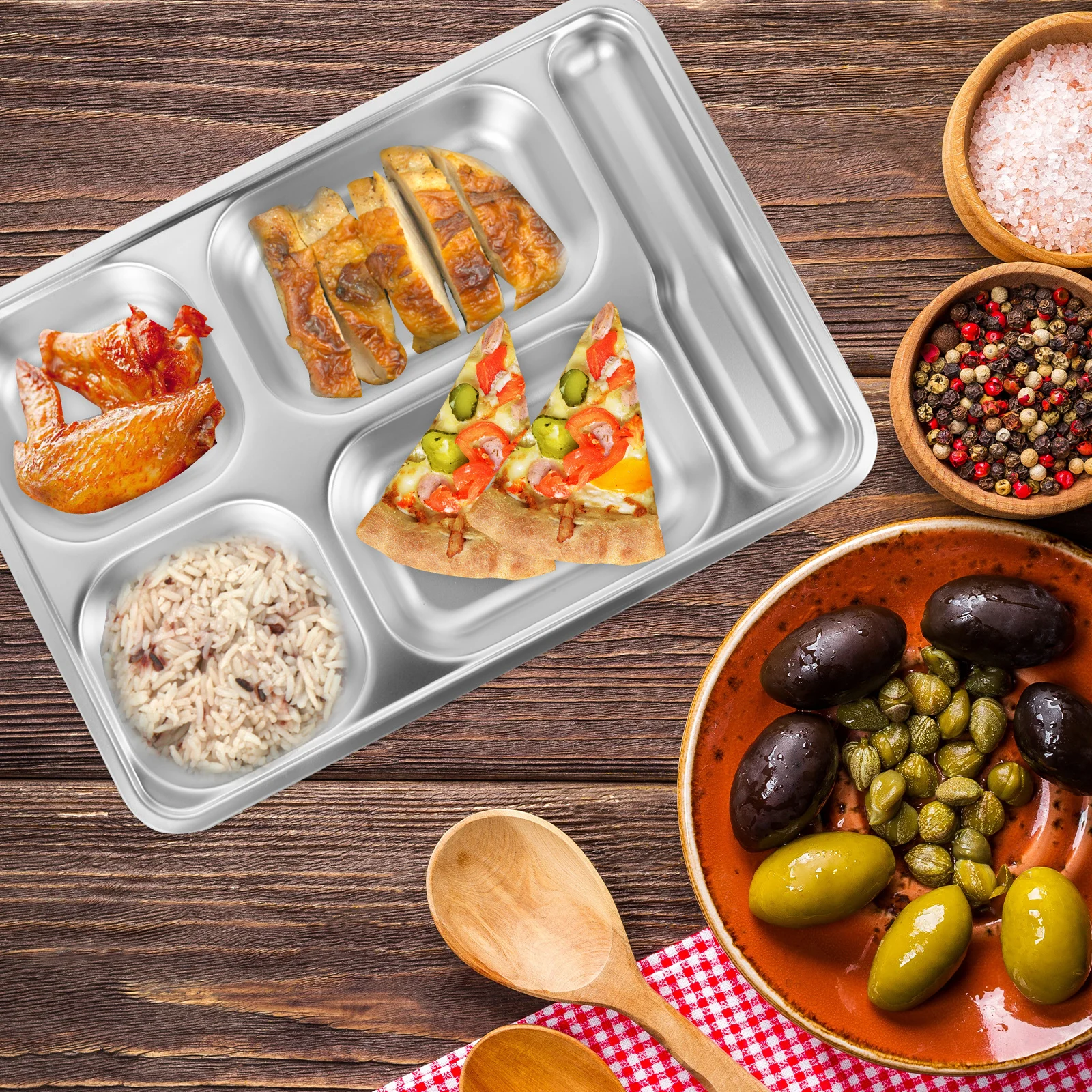 

Stainless Steel Food Tray with Deep Compartments Spoon Slot Divided Plate for Camping Picnics Household Kitchen Tableware Large