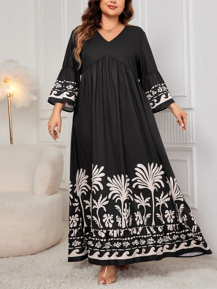 GIBSIE-Vestido solto preto de manga comprida, decote em v, balanço, linha A, longo, casual, plus size, primavera, outono, 3/4, estampado, 2022