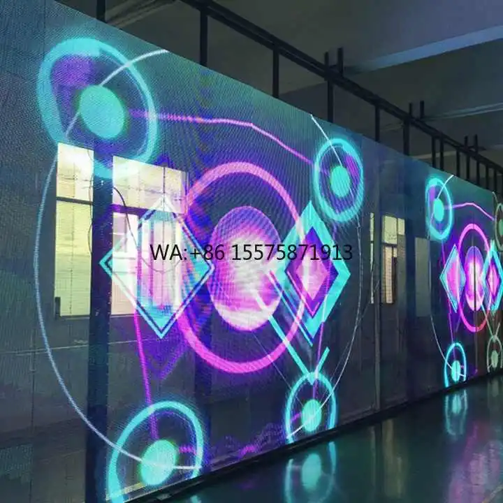 P3.91 P7.81 Curved Curtain High Brightness Transparent LED Display Mesh Film LED Screen Display on Glass Wall