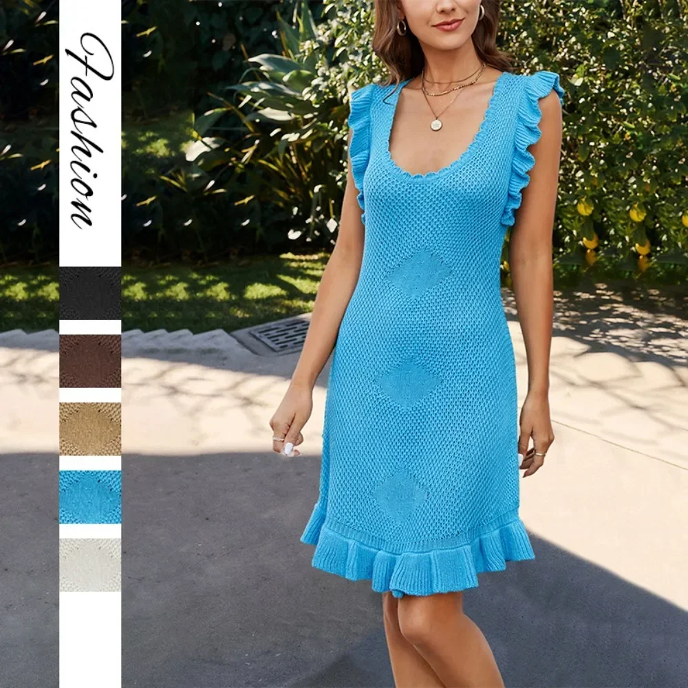 Women Spring Summer New European American Solid Color Knitted Midi Dress Ruffle Casual Dress