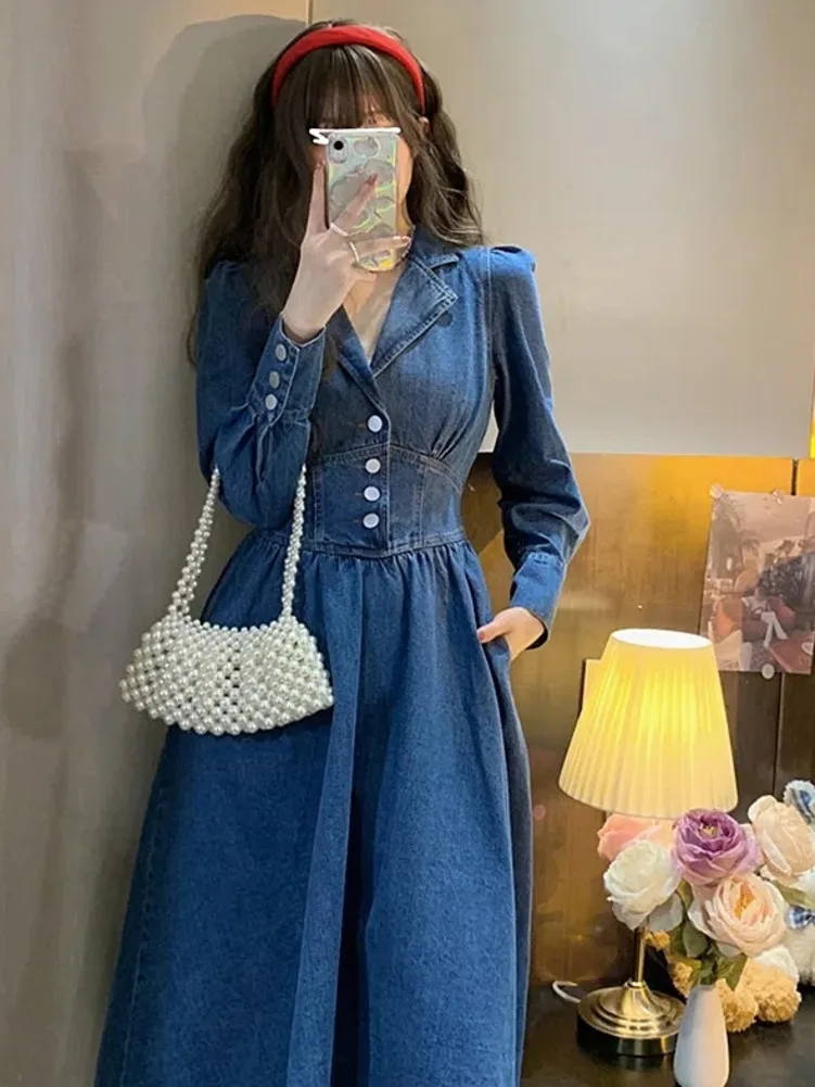 Vintage Long Sleeve Denim Dress Women 2024 New Jeans Dress Elegant Party Long Sleeve Dresses Casual Dresses