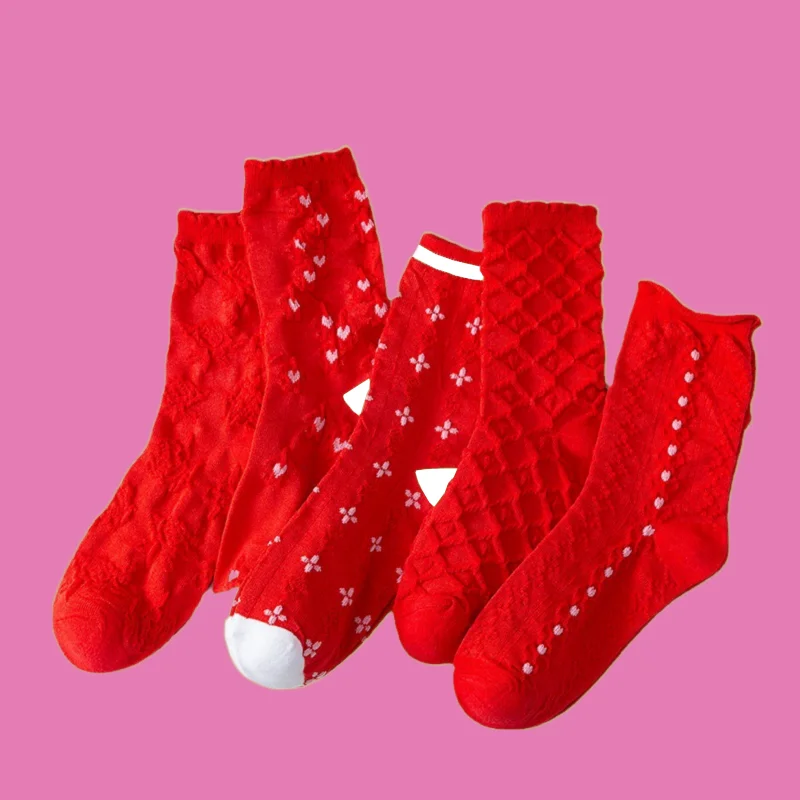 3/6 Pairs High Quality Women's Red Socks Mid-tube Socks Spring And Autumn Cotton Socks Bright Red Wedding Festive Socks