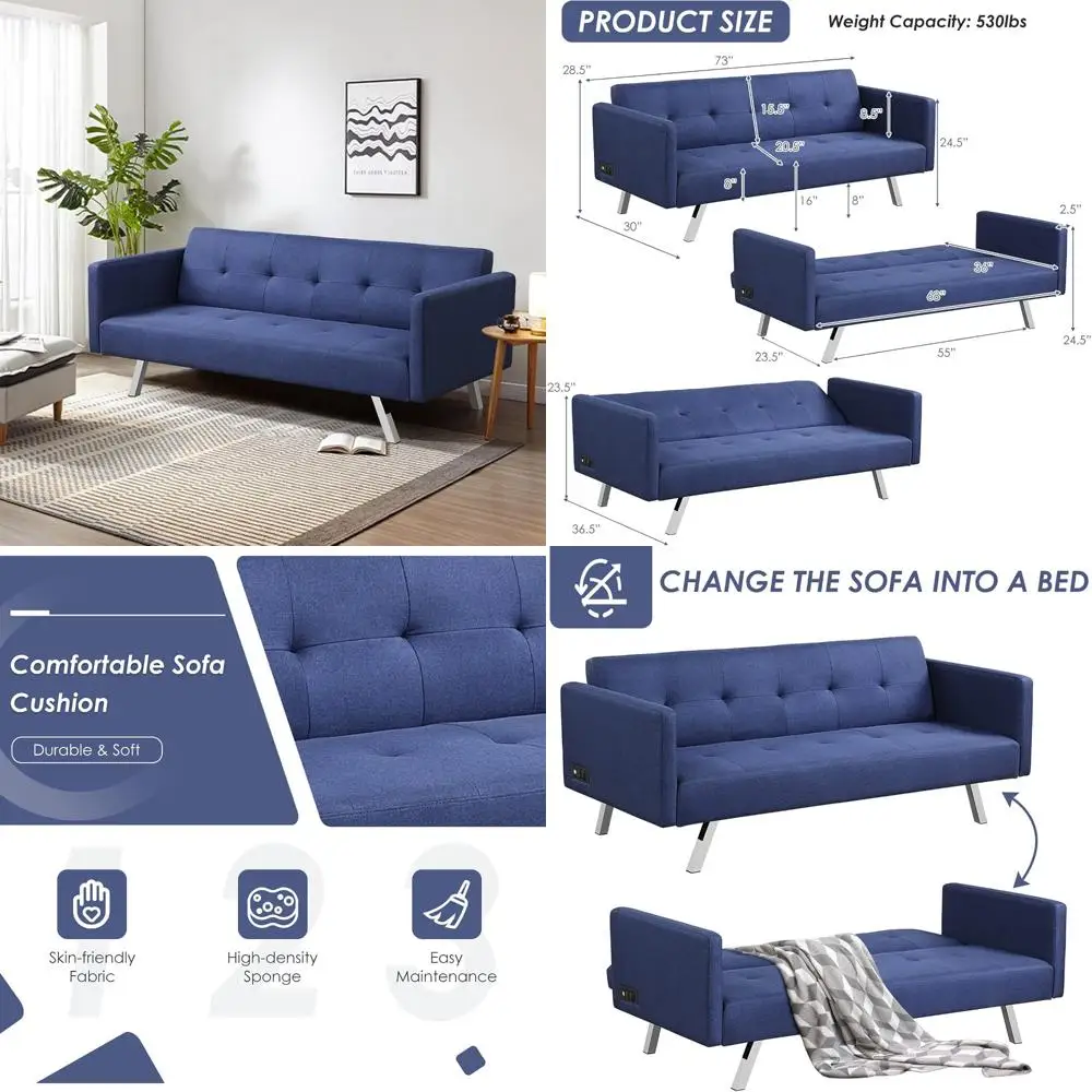 

Современный 3-местный диван-футон из льняной ткани с USB-портом и удлинителем, складной двухместный диван для удобной гостиной