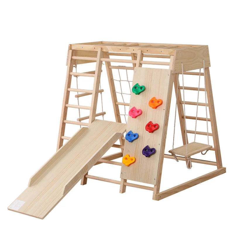 Solid Wood Indoor Play Gym Climbing Frame with Slide Swing  for Toddlers Kids Home Playroom Montessori Activity Center Furniture