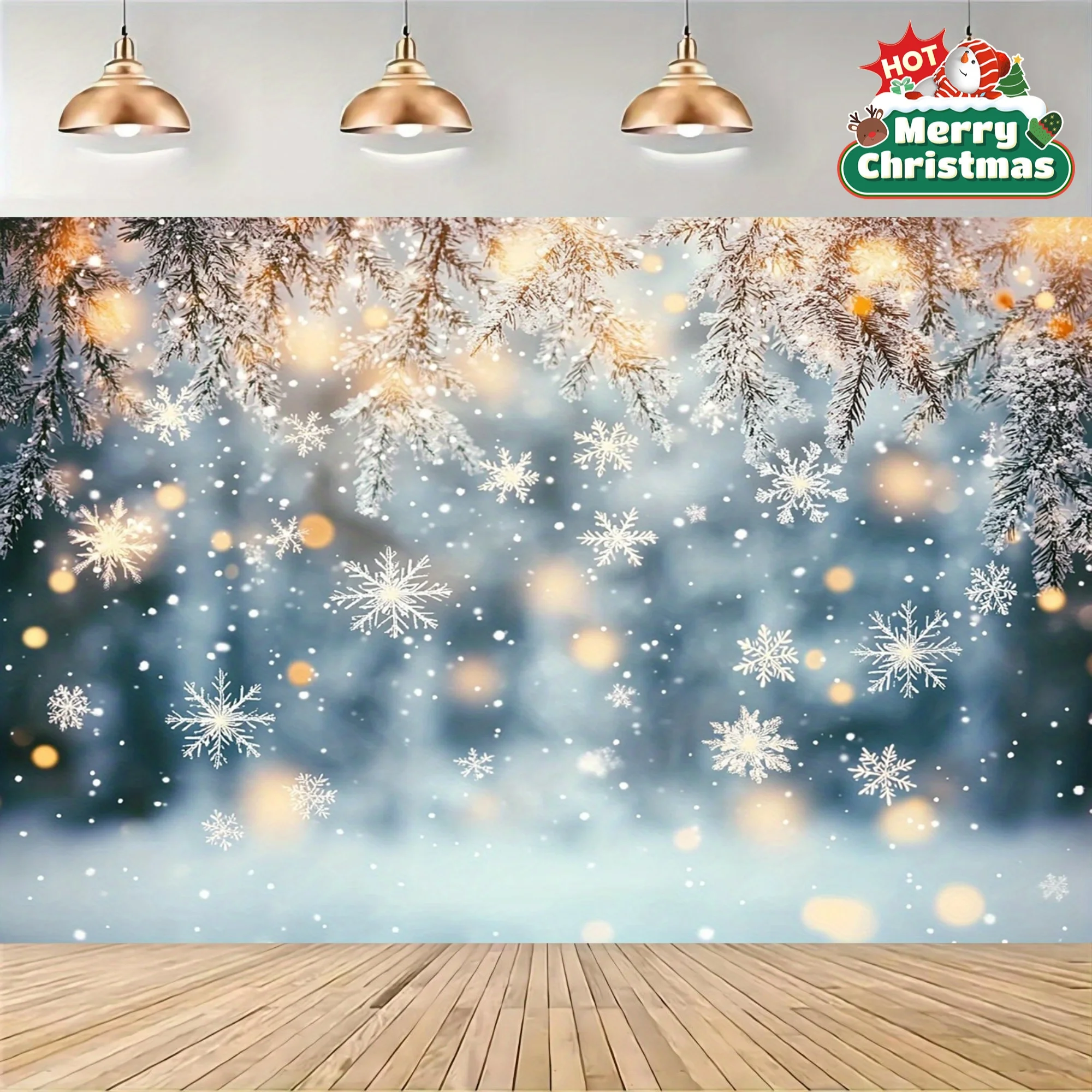 2D flacher 1-Winter-Schneeflocken- und Kiefernwald-Polyester-Hintergrundstoff – Zweige und fallende Schneeflocken – Weihnachtsdekoration