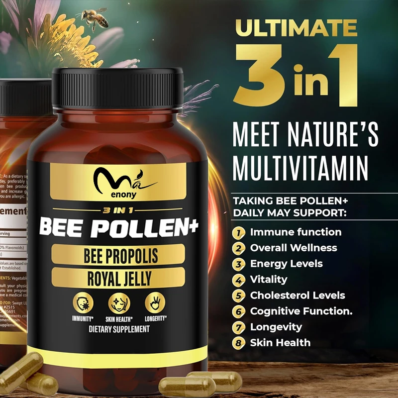 3 en 1 contiene 840 mg (60 cápsulas) de polen de abeja orgánico, gelatina real y propóleo para mejorar la salud inmune general