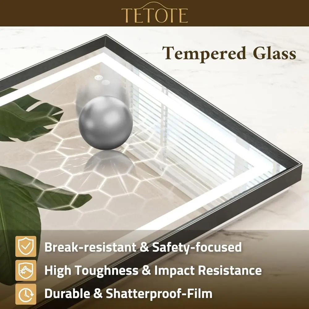 Miroir de courtoisie LED à cadre noir brossé antibuée 30 x 30 avec éclairage avant et arrière, 3 températures de couleur, salle de bain murale