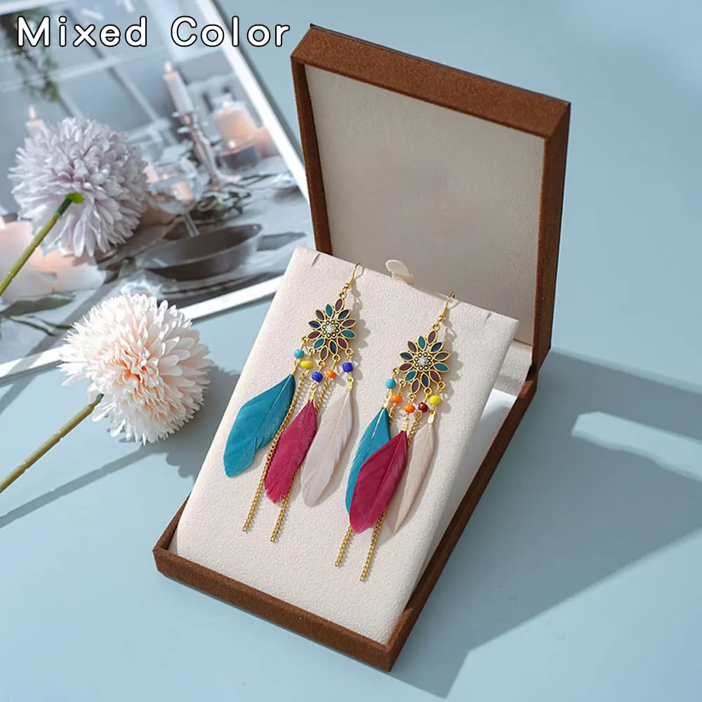 Feather Tassel Bohemian Earrings Women Korean Fashion Colorful Dangling Long Earrings Accessories For Women Green Earrings