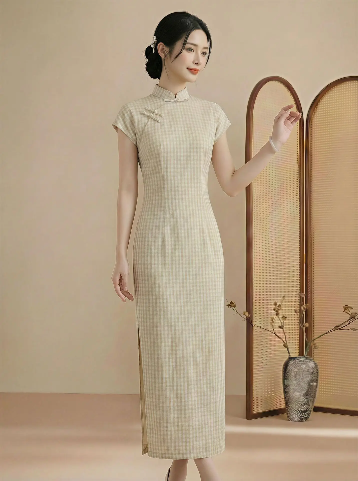 vestido-cheongsam-chino-a-cuadros-estilo-vintage-manga-corta-cuello-alto-para-mujer-uso-diario