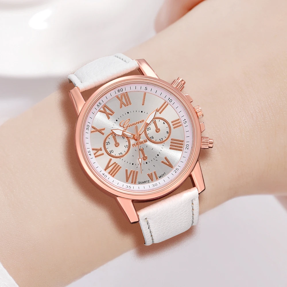 6PCS White Women Watch Fashion Roman Digital Dial Quartz Wristwatch Leather Strap Watch Pearl Butterfly Jewelry Set Gift For Her