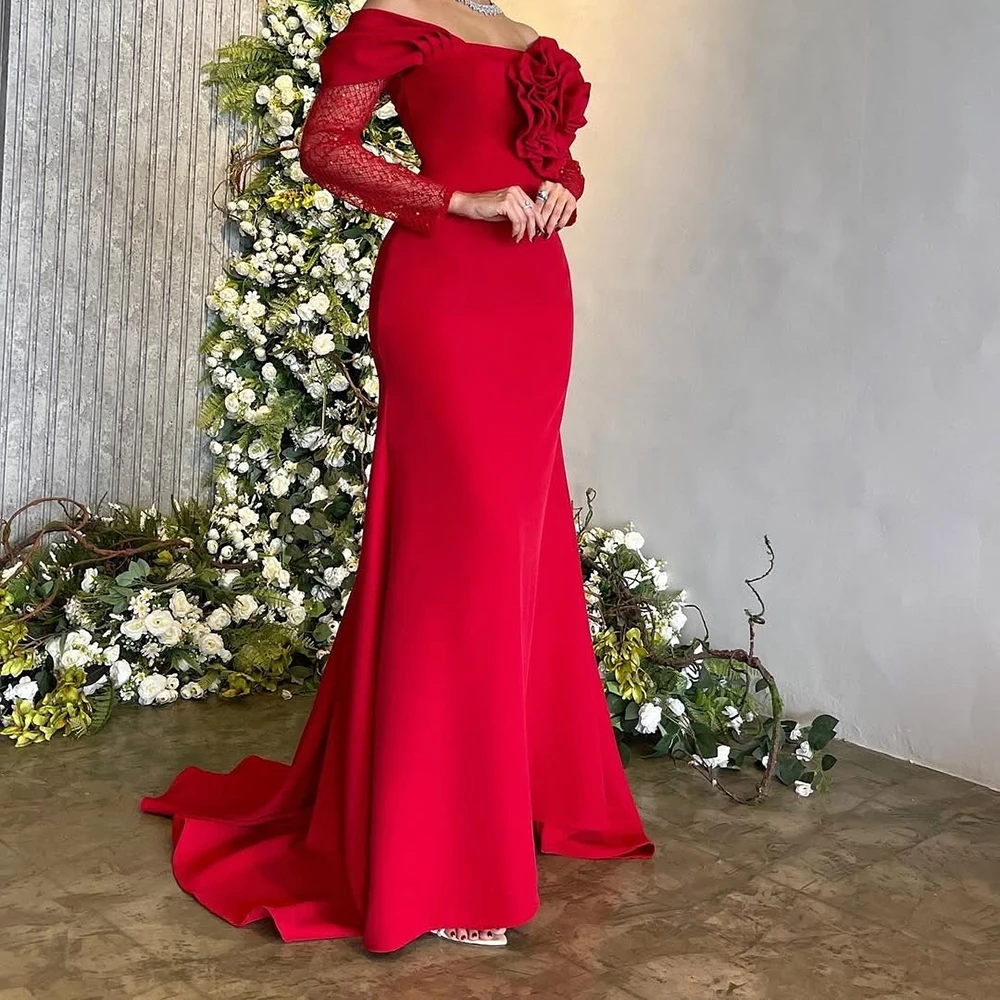 

Customized Mermaid Evening Dresses Floor-length Off The Shoulder Full Sleeve Prom Gown Fashion Flowers Sequined Pleat Party Gown