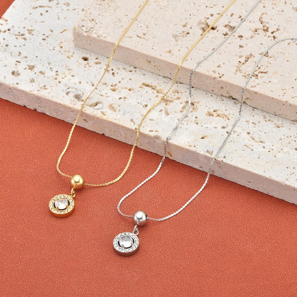 JeeMango Einfache, modische Halskette mit rundem Anhänger aus kubischem Zirkonia, minimalistische Schlüsselbeinkette aus Edelstahl, eleganter Schmuck N26013