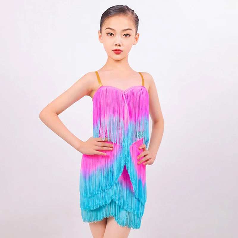 Summer Girls Latin Dance Competition Dress Multi-Colors Tassels Dress Kids Cha Cha Rumba Samba Dance Fringed Clothes DNV20993