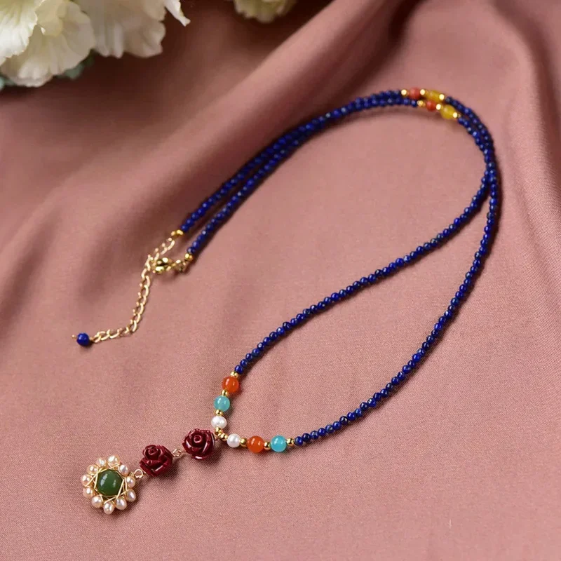 

Natural lapis lazuli southern red Tianhe stone cinnabar Jasper sun flower pendant lapis lazuli sweater chain for women