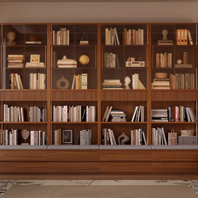 Solid wood bookcase full wall with glass combined display  integrated cabinet whole wall card seat bookcase living room