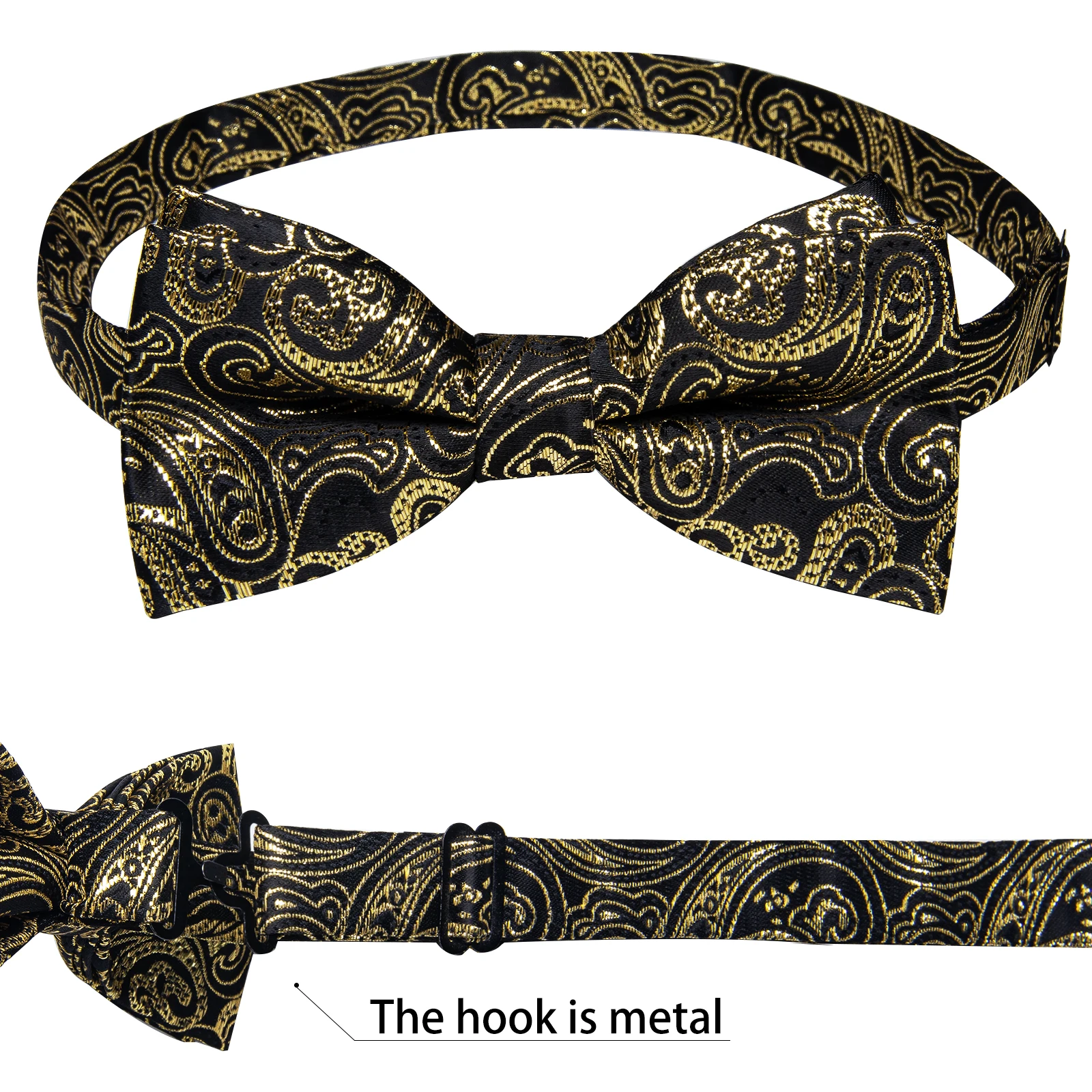 Klassisches schwarzes Herren-Fliege-Set mit Einstecktuch und Manschettenknöpfen – Paisley Gold Vorgebundene Fliege – Detail 4