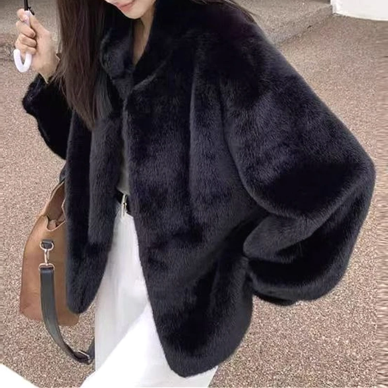 معاطف دافئة من الفرو الصناعي سترات نسائية قصيرة بياقة واقفة معطف فضفاض سميك Y2k ملابس الشارع الشهير ملابس خارجية للعمل للخريف والشتاء