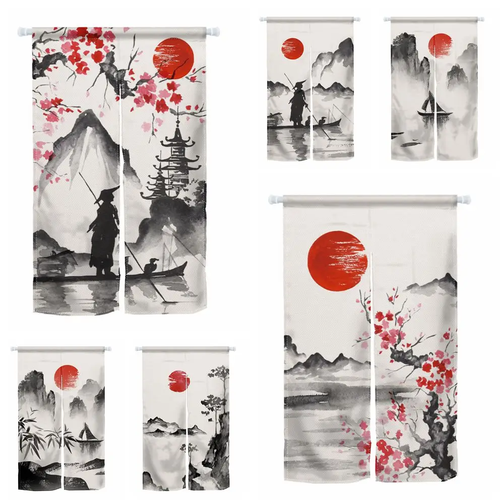 

Chinese Traditional Ink Painting Japanese Style Door Curtain Sun Mountain River Scenery Bedroom Teahouse Izakaya Doorway Curtain