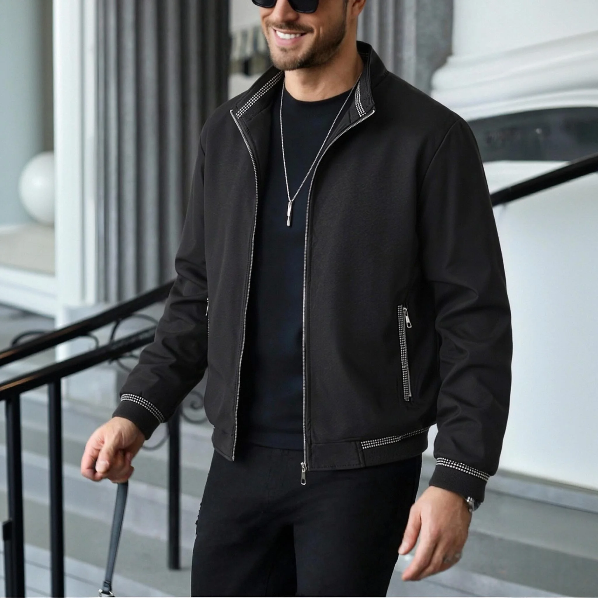 Men‘s Fleece Lined Stand Collar Jacket Quilted Padded Warm Zip‑Up Coat Contrast Trim Zipper Pockets Winter Male Outerwear