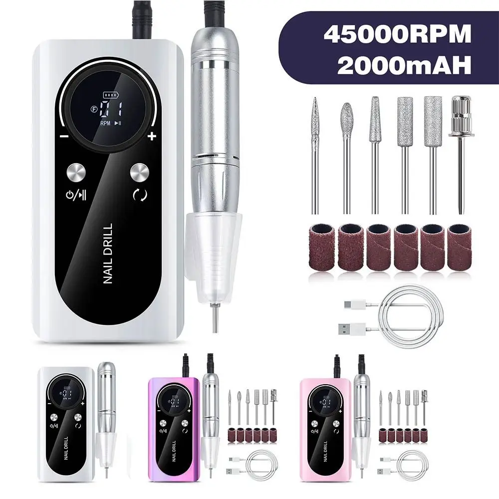 45000RPMネイルドリルマシン、6種類のビット、サンディングバンド、電動ネイルファイル、USB充電式、低騒音ネイルサンダーファイル、ネイルツール