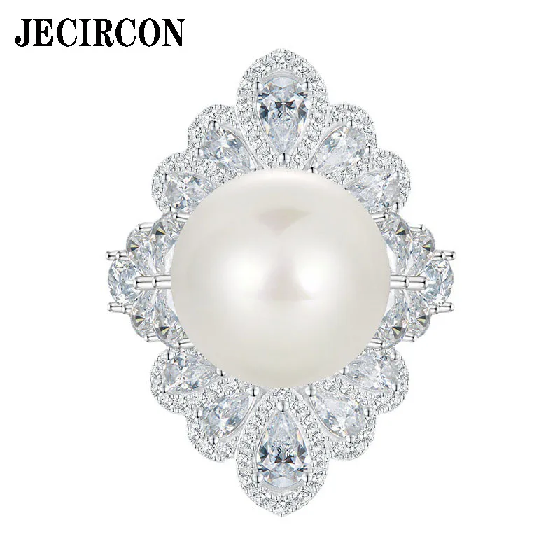 

JECIRCON 16MM Pearl Ring Aristocratic Evening Jewelry for Women High Carbon Stone S925 Sterling Silver A majestic Status Symbol