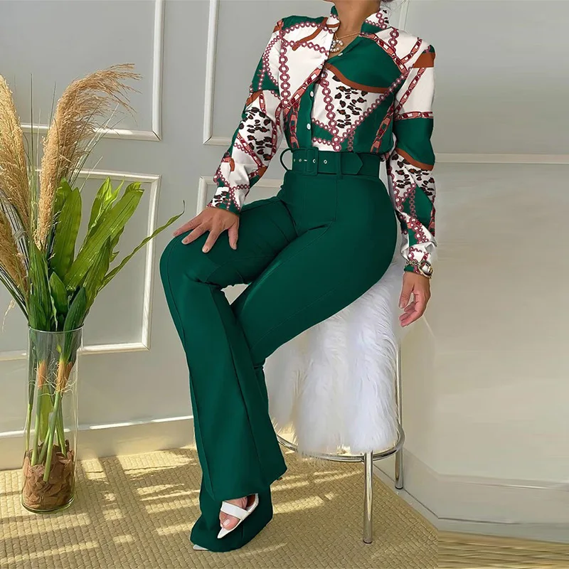 

Elegant Print Shirts And Pants Two Piece Sets Women 2024 Spring Autumn Fashion Long Sleeve Blouse Top High Waist Pant Sets Suits