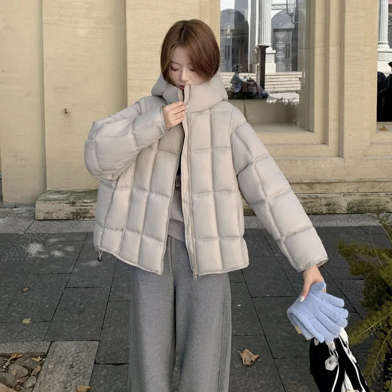 レディースゆったりフード付きダウンコットンコート冬韓国ファッションチェック柄キルティングジャケット怠惰なスタイル軽量パフィーブレッドジャケット