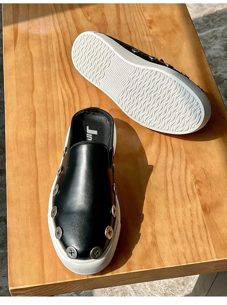 JINIWU 2026 Autumn New Men Closed Toe Mules, Button Decor Casual Slip On Shoes, Fashion Half Slide Lazy Shoes