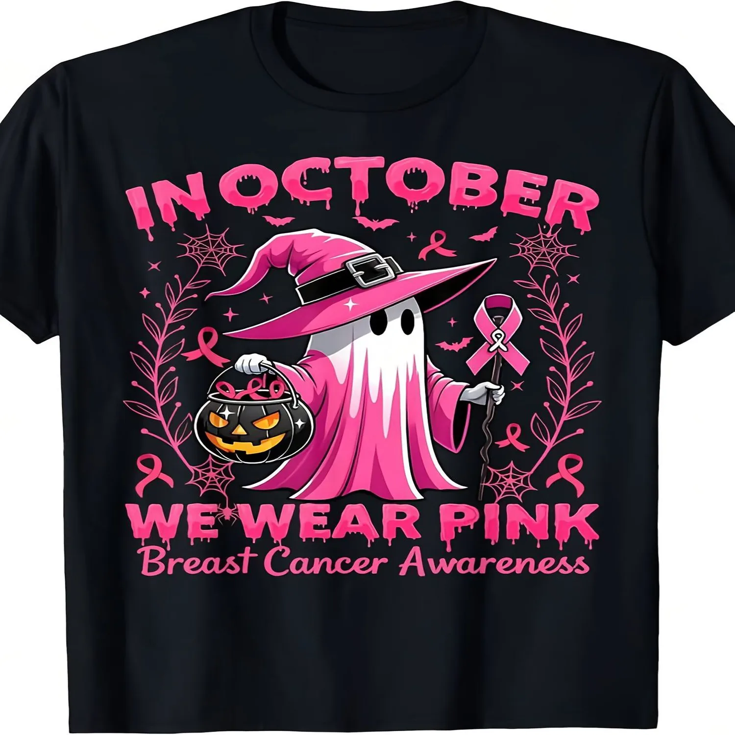 Men'S And Women'S Short Sleeve T-Shirt, October Pink Breast Cancer Awareness Halloween Graphic Print Crew Neck Tee, Public Welfare Holiday Casual Daily Top Cotton Tee, Gift For Him