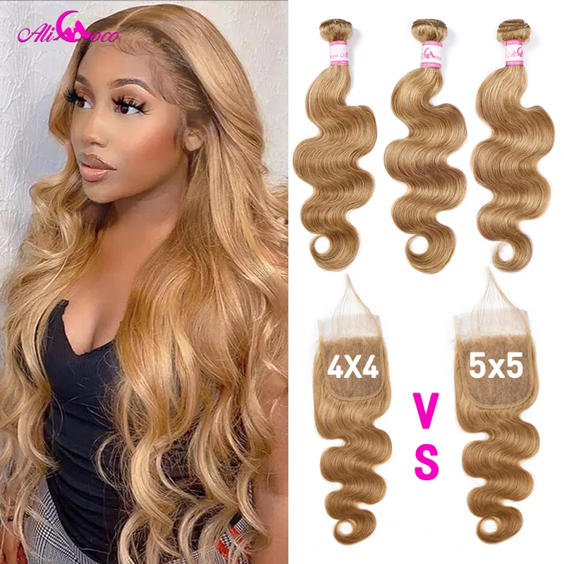 Ali Coco Honey Blonde Body Wave with 5x5 Closure #27 Blonde Brazilian Body Wave Human Hair Bundle With Closure 4x4 Small Knots