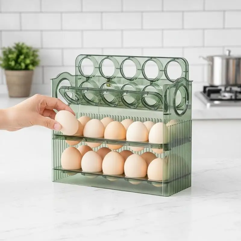 30 Grid Egg Keeper Container 3 Layer Automatic Flip Egg Storage Tray Box for Fridge Kitchen Pantry Organization Use