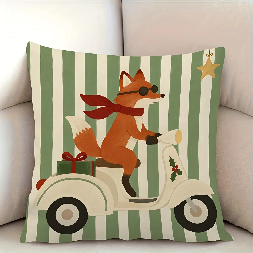 Cute Fox Riding Scooter Holiday Christmas Seasonal Throw Pillow Cushion for Sofa Decor Gift