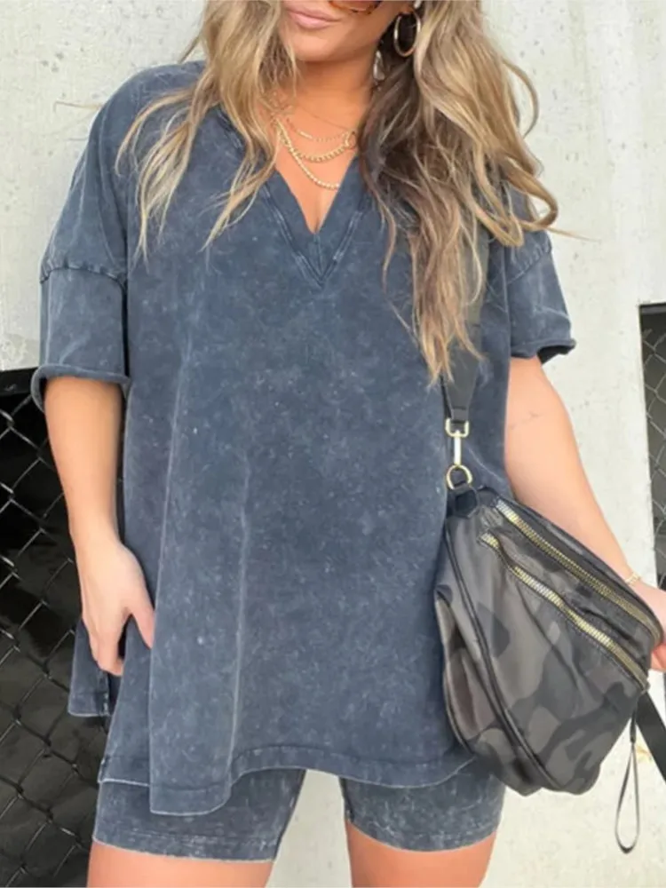

Summer Casual Imitation Cowboy V Neck Side Split Loose Two Piece Sets Women Short Sleeves Bodycon Pants Suit Lady Sportswear