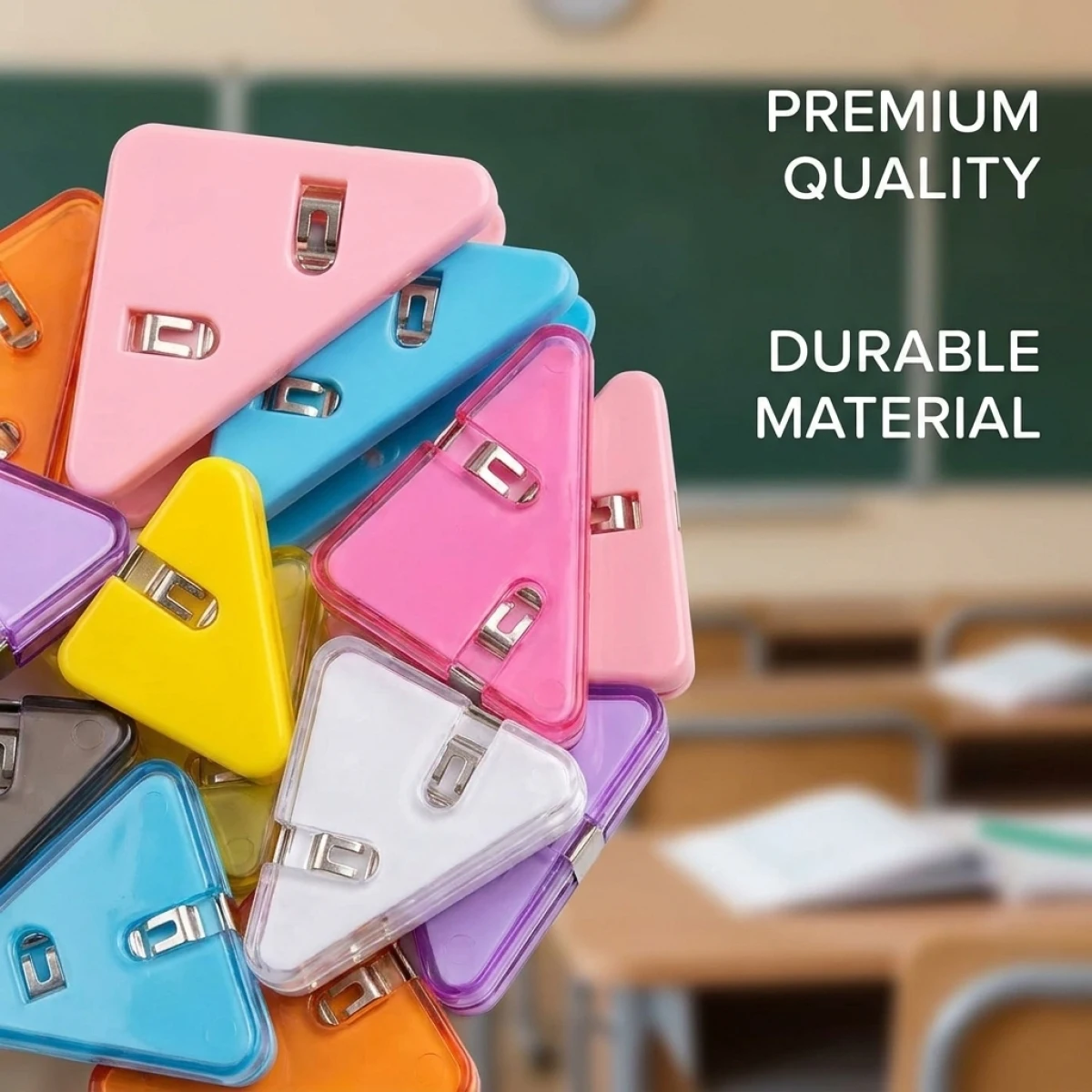 Triangle clip, available in multiple colors. It can hold multiple sheets of paper without damaging them. Suitable for students a