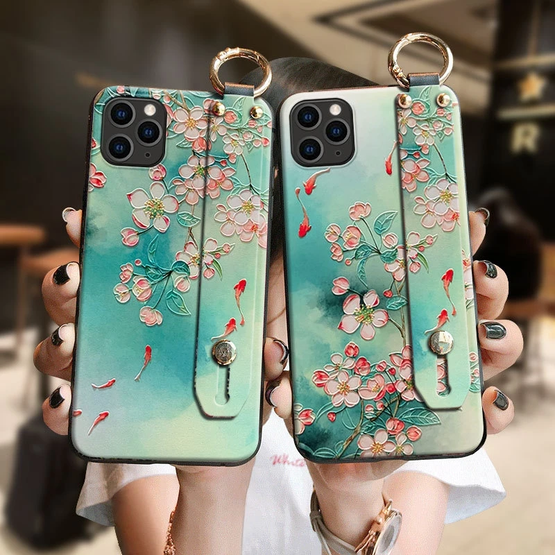 for iPhone 15 14 13 12 11 Pro Max Mini XS XR 7 8 6S Plus Case Embossing 3D Relief Cute Floral Hand Strap Soft Holder Cover Funda