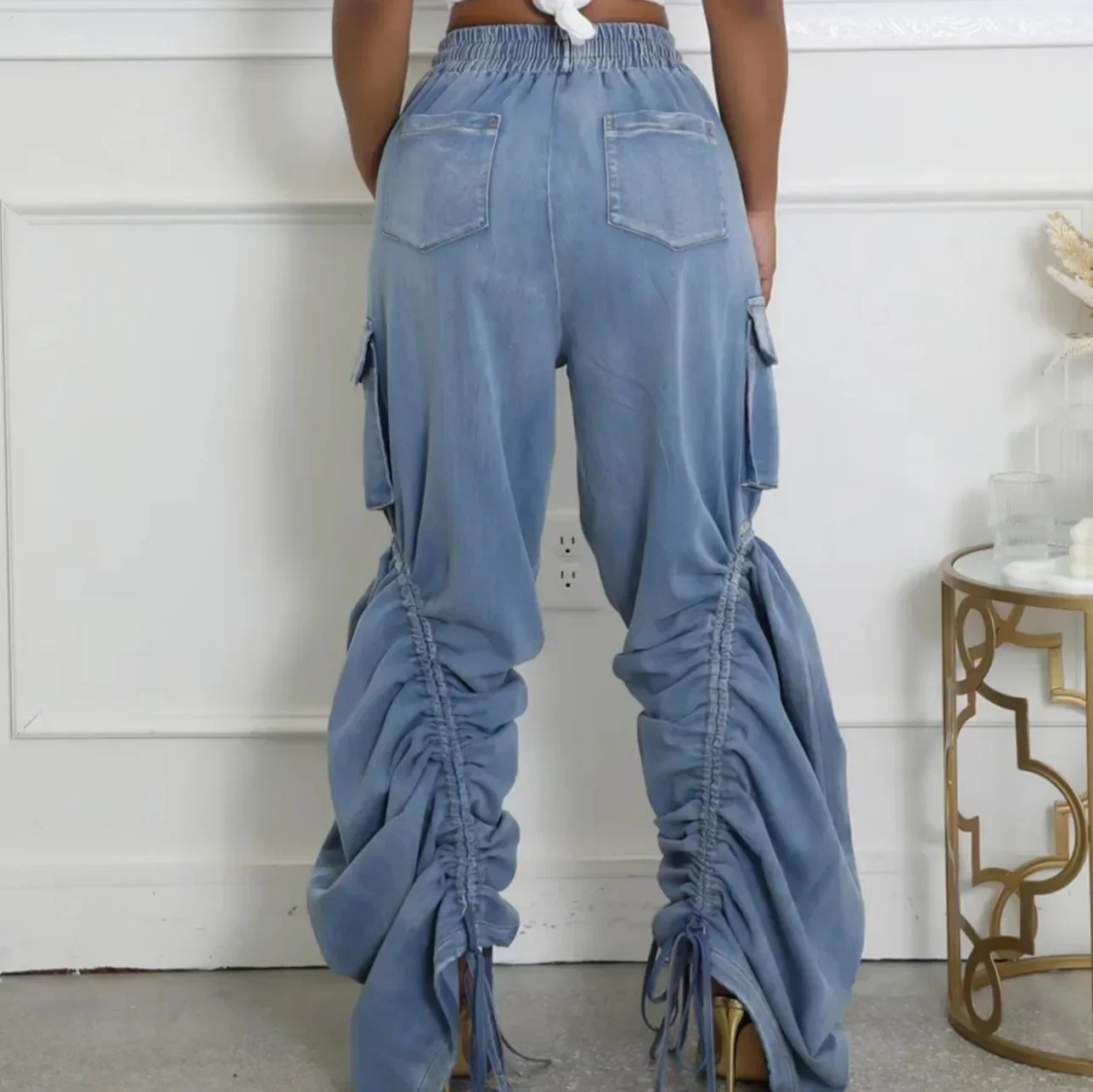Women Jeans Denim Straight Pants Drawstring Lace Up Pleating Elastic Waist Pockets Floor Length Washed Strech Trousers