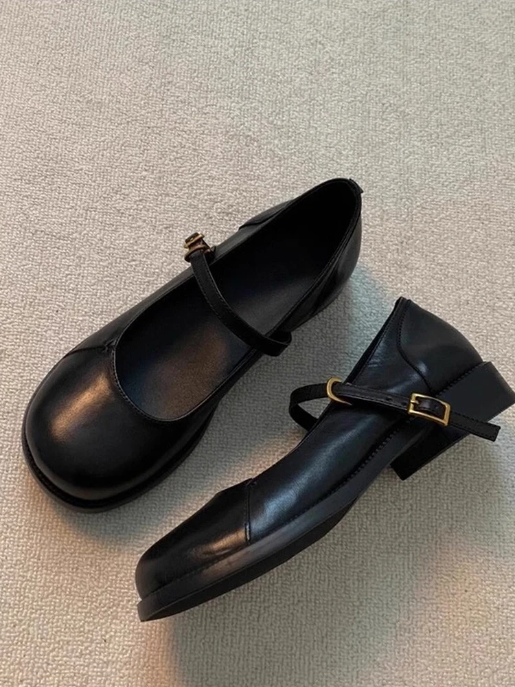 

Lin Xiaohuo Calfskin Mary Jane Shoes Women's Black round Toe Low Heel Single Shoes Commute Friendly Slip-On Fashion Footwear