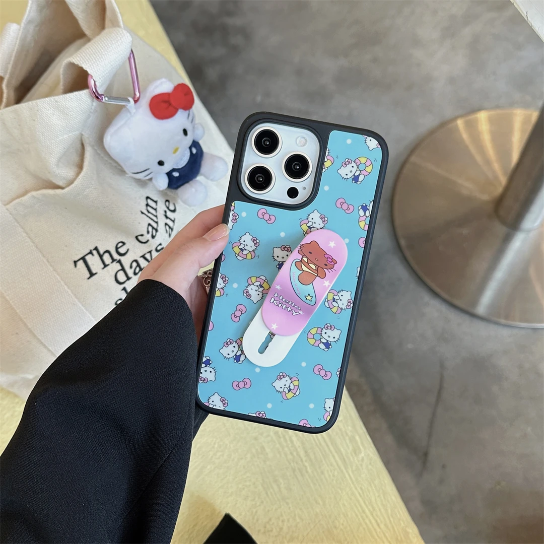 

Cute swim ring Hello Kitty ins creative cartoon lovely Band aid Bracket protect Phone Case For iPhone 13 14 15 16 Pro Max Cover