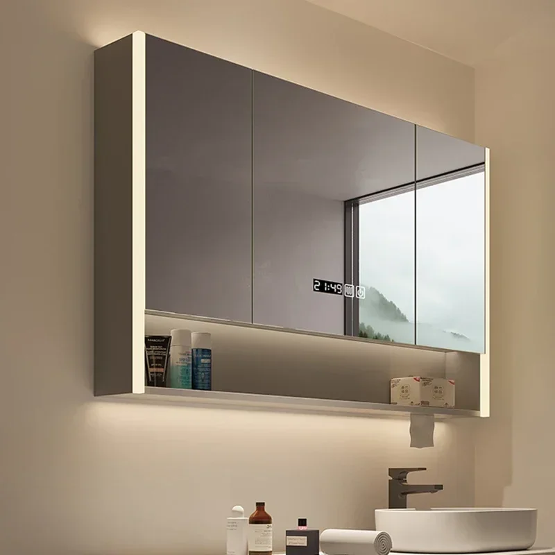 

Nordic Smart Bathroom Mirror Cabinet Wall Mounted Mirror Cabinet with Lamp To Remove Fog Storage Simple Home Furniture FYBC
