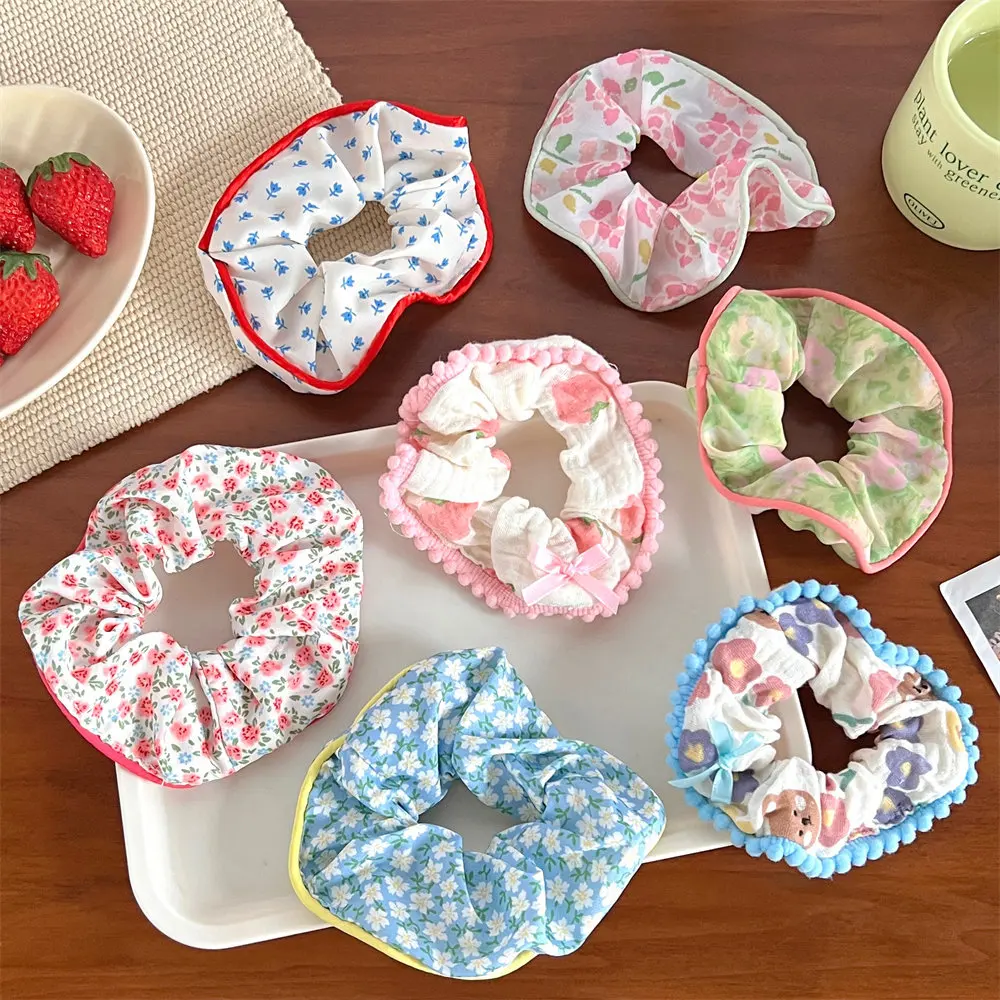 2Pcs/set Korean Floral Plaid Scrunchie Hair Circle Checkered Stripe Women Hair Loop Ring Ponytail Braid Headband Accessories