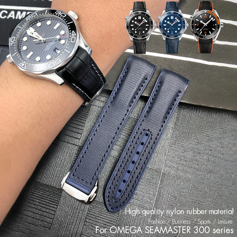 New Nylon Fabric Cowhide Composite Rubber Watchband Fit for Omega Seamaster 300 Planet Ocean 600 22mm 21mm 20mm 19mm Watch Strap