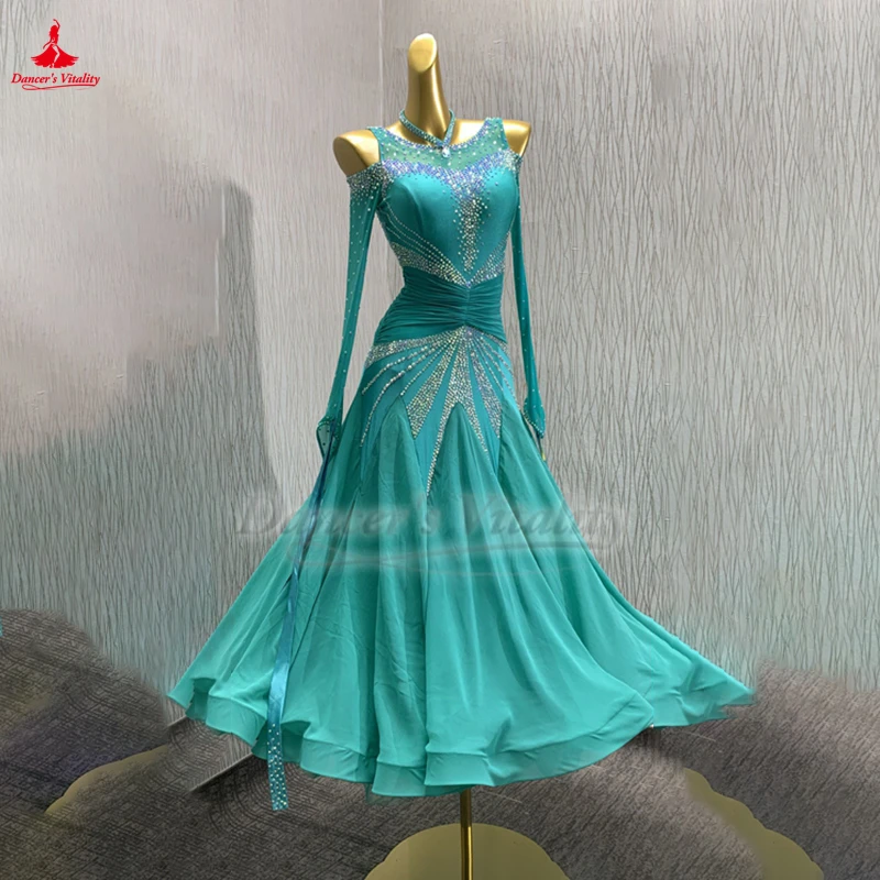 Waltz Foxtrot Tango Quickstep Outfit Customize To Female Tiffany Blue Long Sleeve Social Dance Performance and Competition Dress