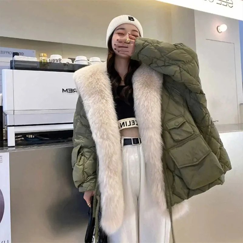 2026 Winter New Super Large Faux Fox Hair Removable Navy Collar Down cotton-padded jacket School Overcomes Women's Fur Coat