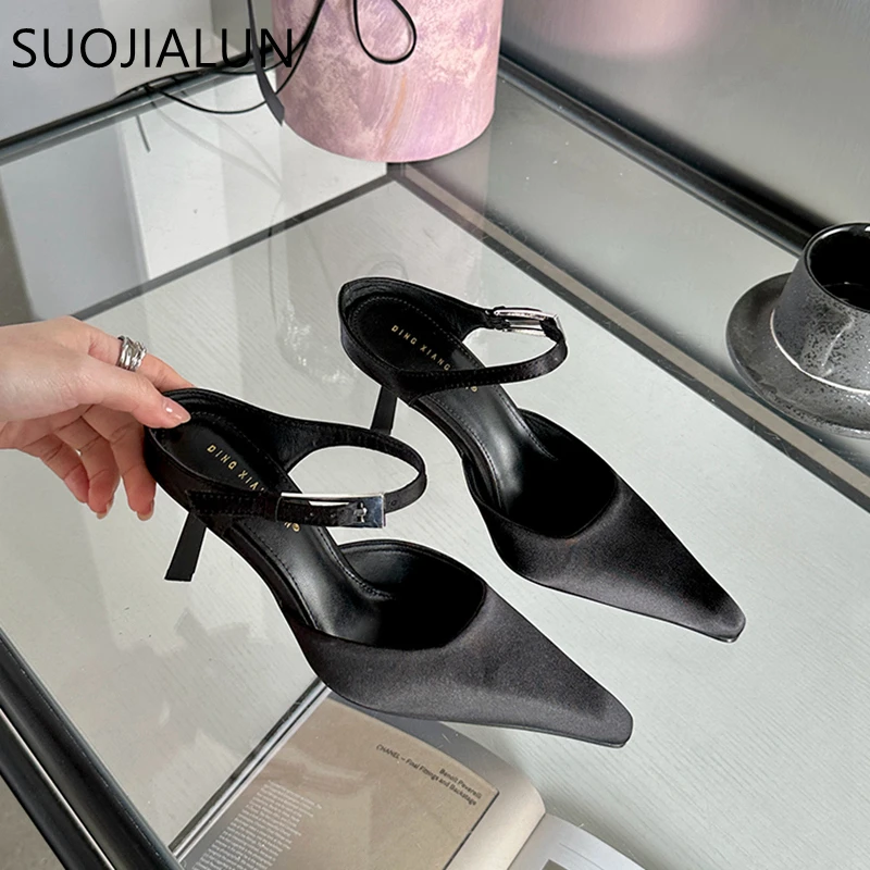 SUOJIALUN 2024 Spring New Brand Women Slipper Fashion Pointed Toe Shallow Slip On Mules Shoes Thin High Heel Dress Pumps Sandals